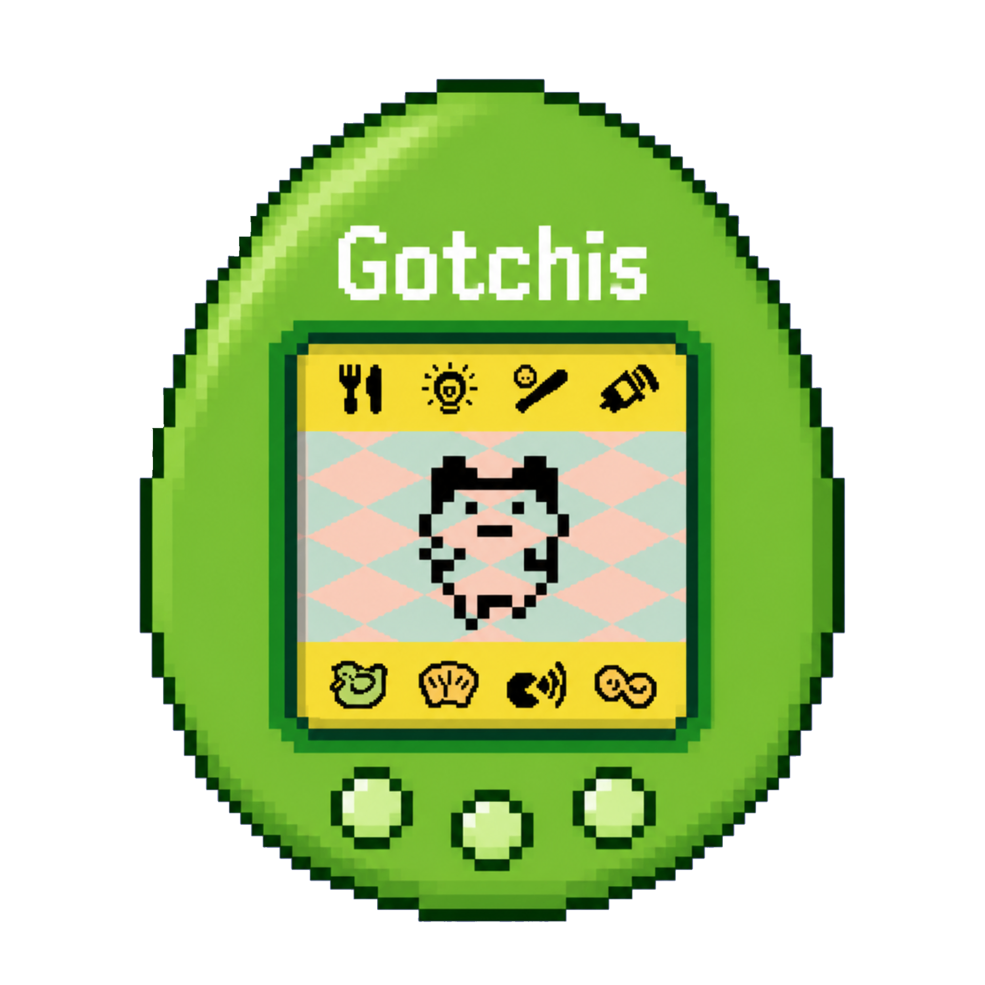 A green pixel-art Gotchi handheld device with a happy gotchi on its screen
